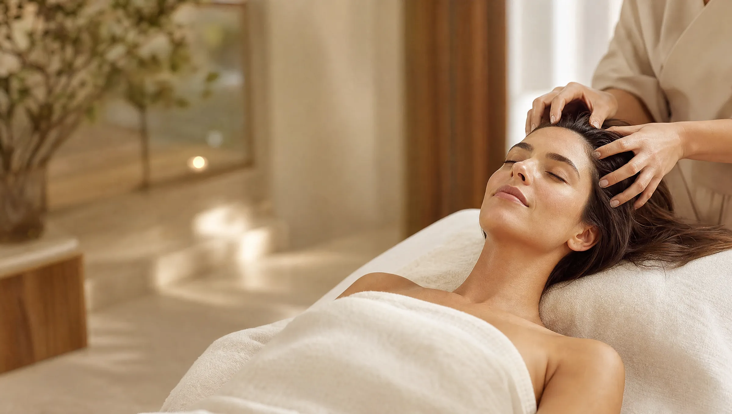 A woman rests with her eyes closed as a therapist performs a gentle scalp massage.
