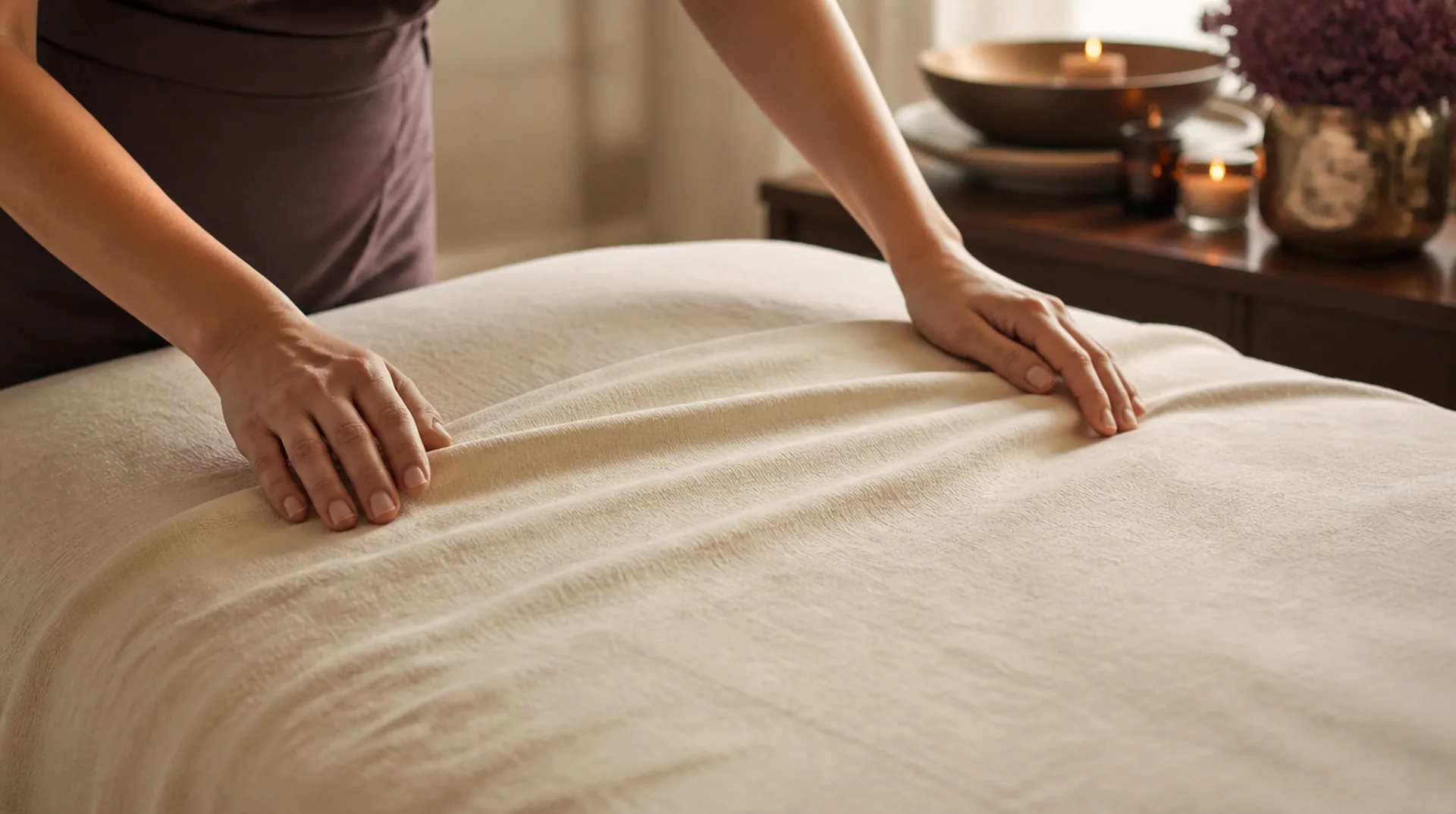 Hands smoothing a fresh linen sheet over a massage bed.