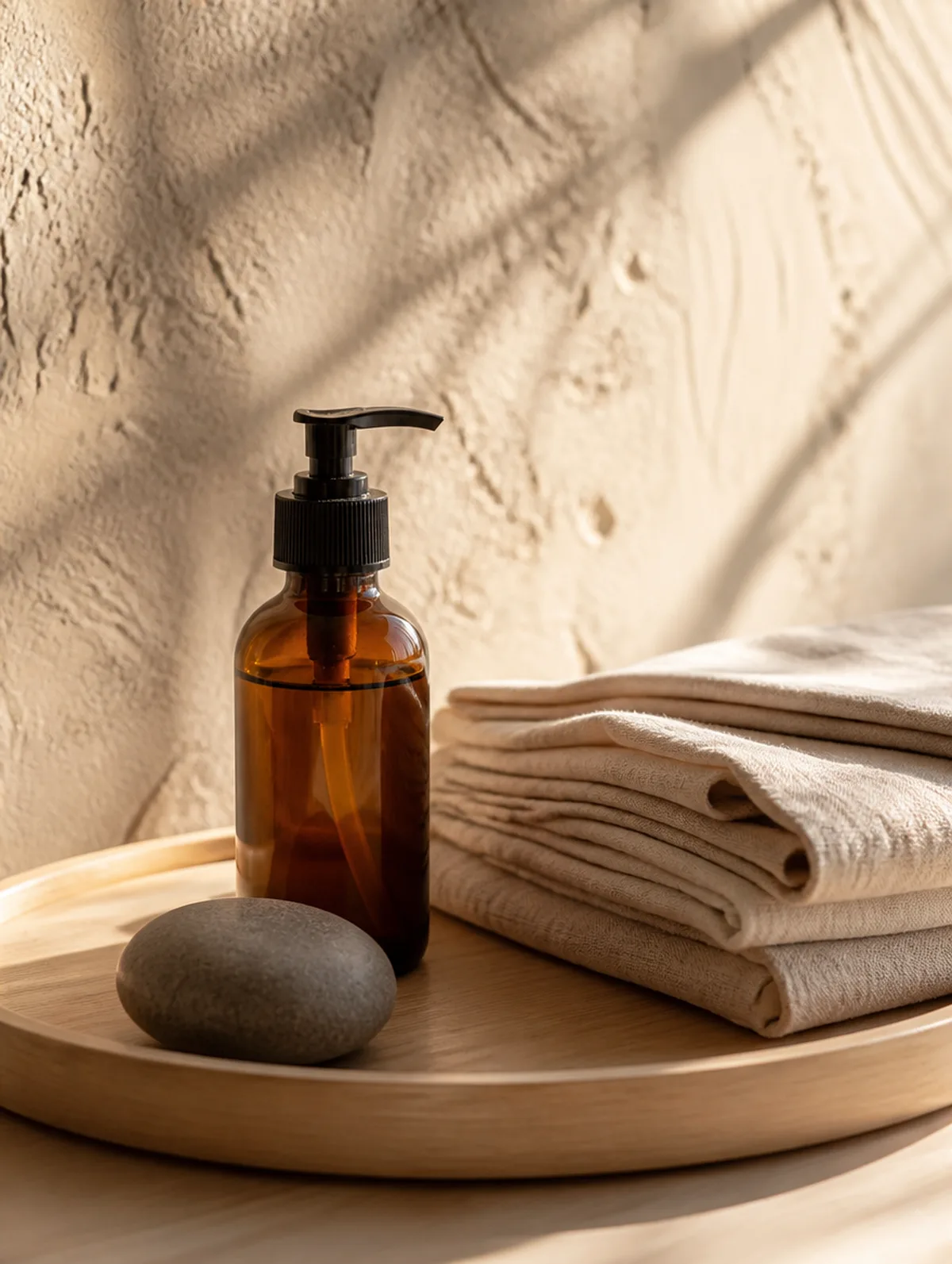 An amber massage oil bottle beside folded linen and a smooth stone.