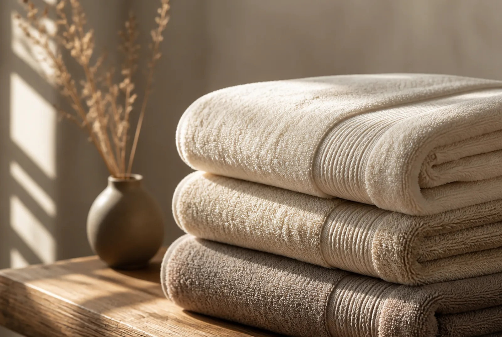 Folded cream towels stacked in soft window light.
